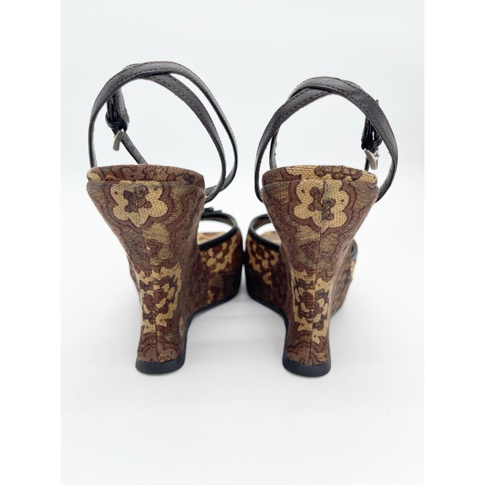 Prada Retro Y2K Brown Bronze Brocade Lurex Bow Sculptural Wedge Sandals IT 36.5 - Picture 9 of 14
